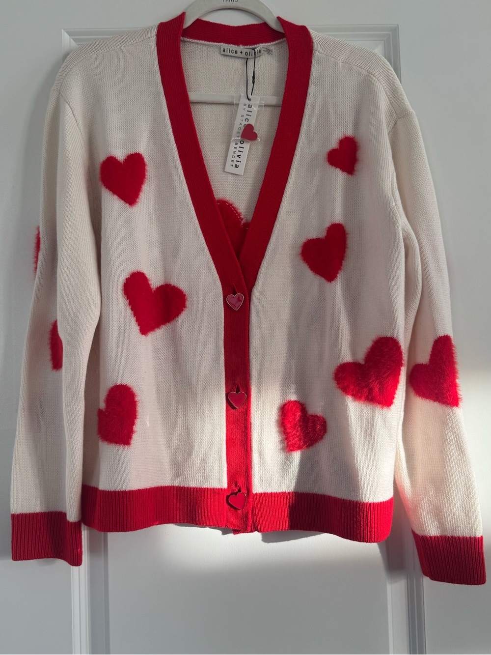 Alice + Olivia Soft White Cardigan with Red Heart Accents NWT Size 7